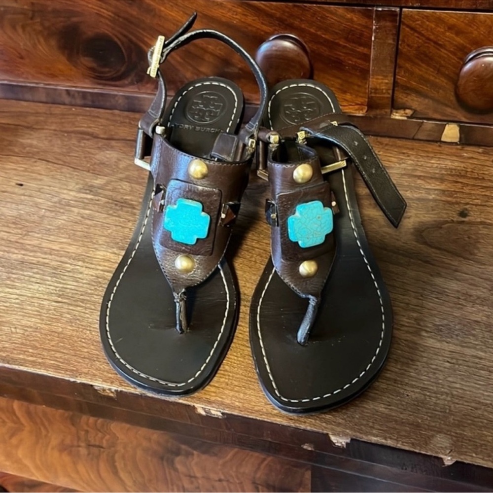 Tory Burch Brown Sandals with Turquoise Accents, Size 7, EUC